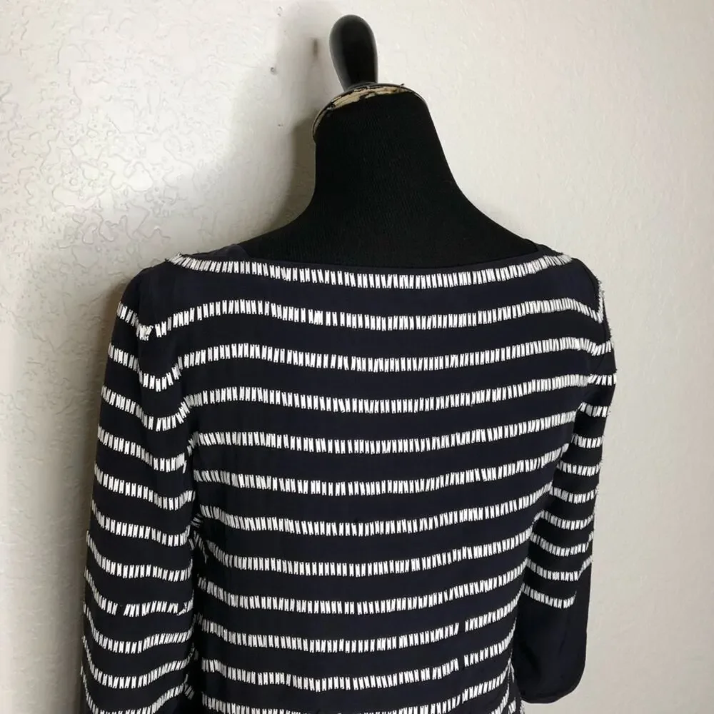 Tory‎ Burch navy blue white rectangle sequin silk top size 4